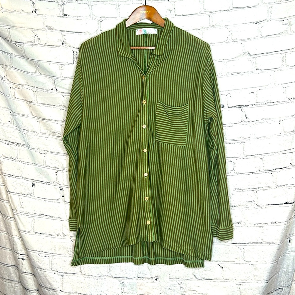 Free People Beach Green Brown Striped Button Down Long Sleeve Top Size Medium